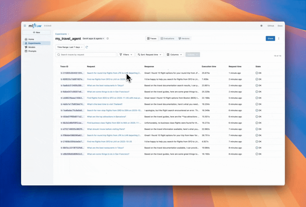 MLflow Trace UI showing autotracing of the Claude Agent SDK